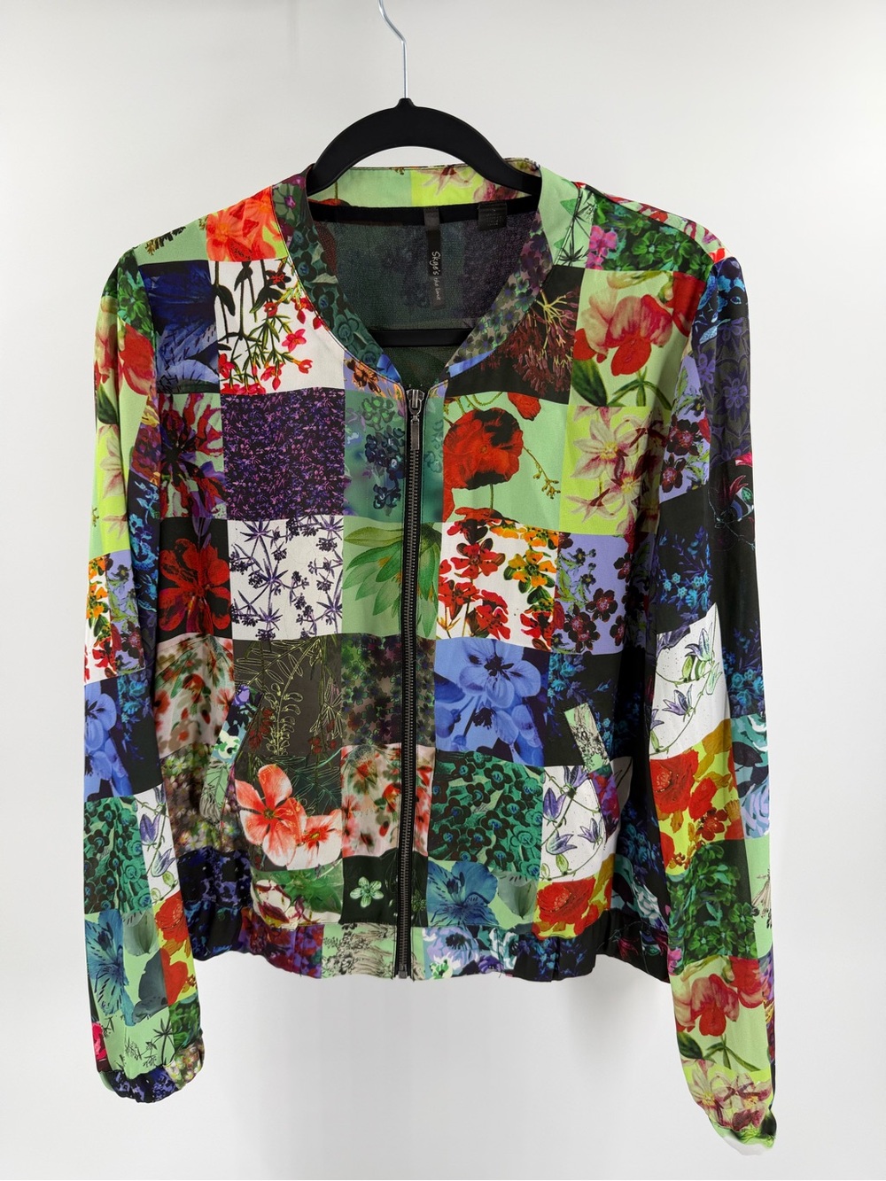 Skye’s the Limit Lined Colorful LS Patchwork Bomber Jacket Floral Silky Boho Sm